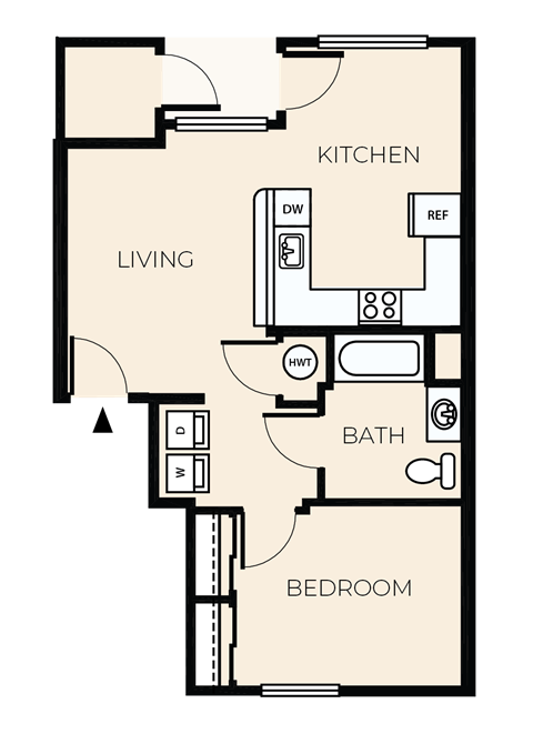 Floor plan for 1 bed, 1 bath, 647 sqft